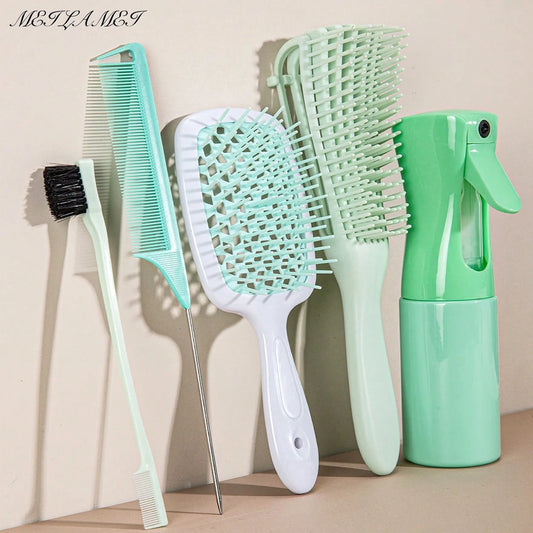 5 Pcs|Set Hair Kit | Brush| Detangling Brush| Scalp Massage Hair Comb| Green|  Adjust Octopus Curly Comb Women |Detangle Hairbrush Salon