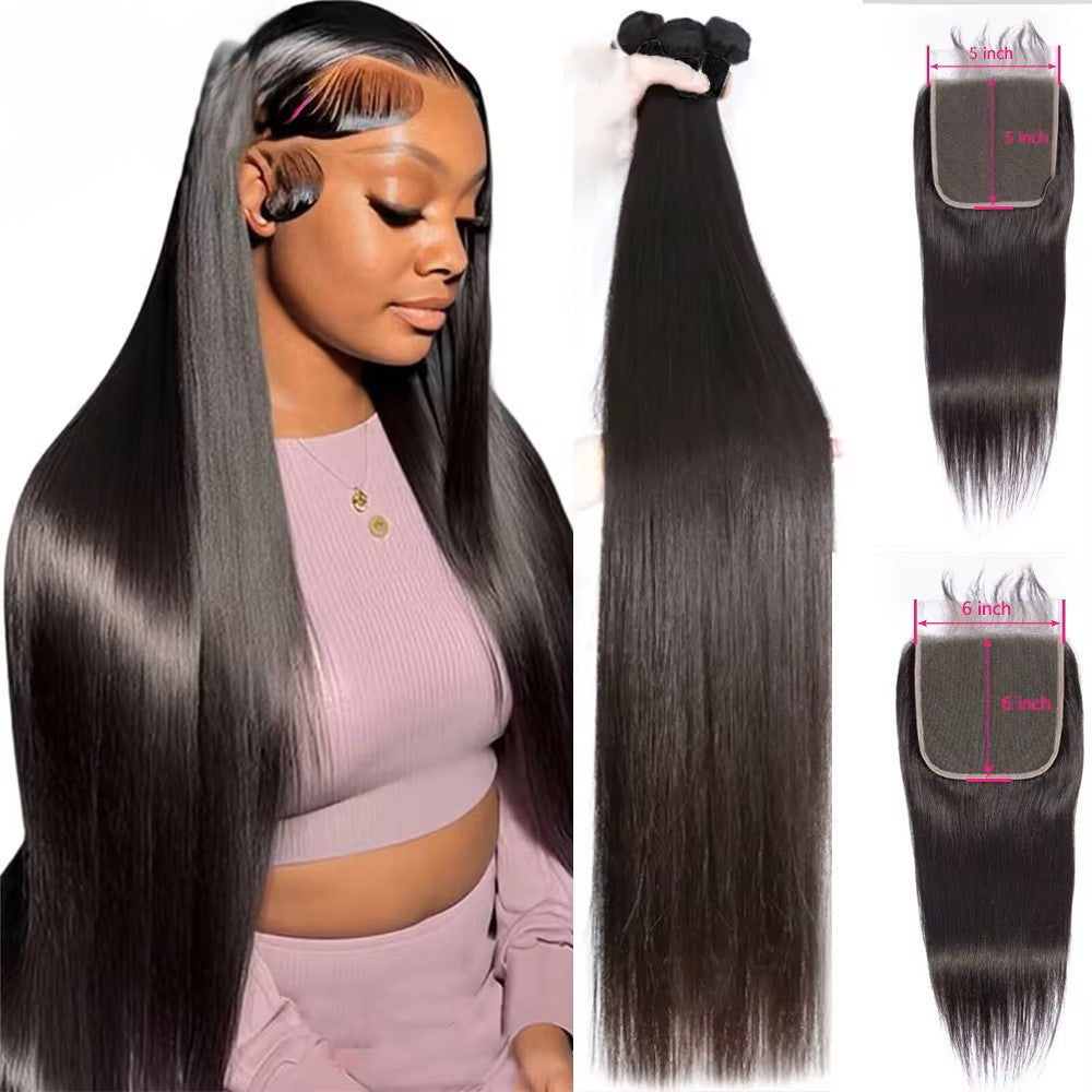 Straight Human Hair Bundles with 5x5/6x6 Closure Brazilian Raw Bundles 100%Human Hair